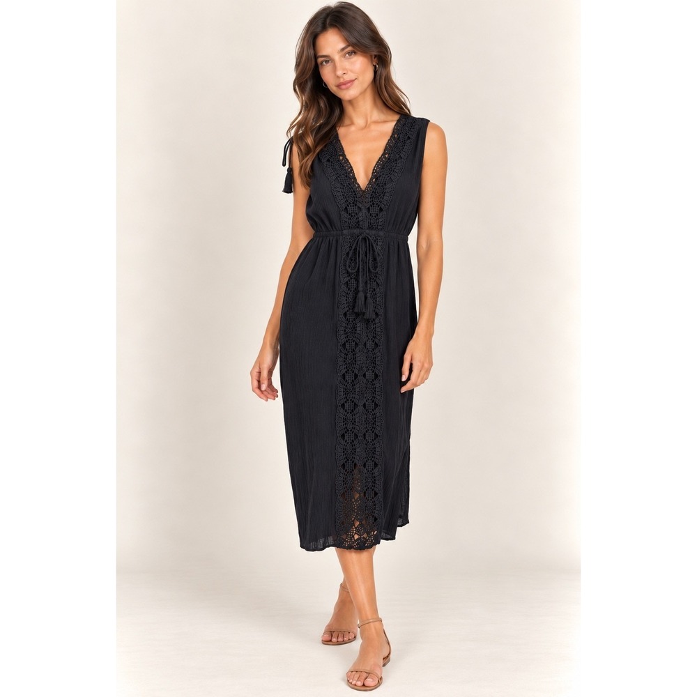 La Blanca Dress Women's S Black Solid Midi A-Line V-Neck Lace Tassel Tie Waist